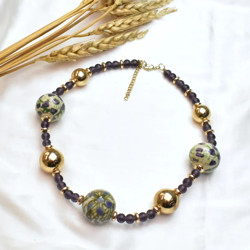 artistic necklaces for women-TFC Lilac Ceramic Balls And Beaded Necklace