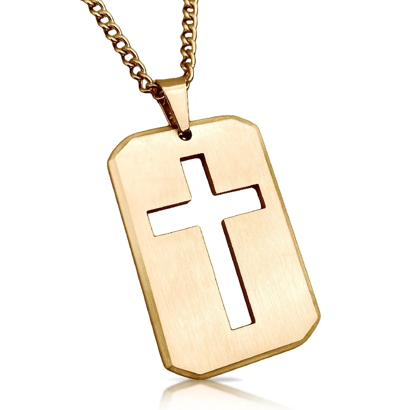 celestial necklaces for women-Cross Cut Out Pendant With Chain Necklace - 14K Gold Plated Stainless Steel