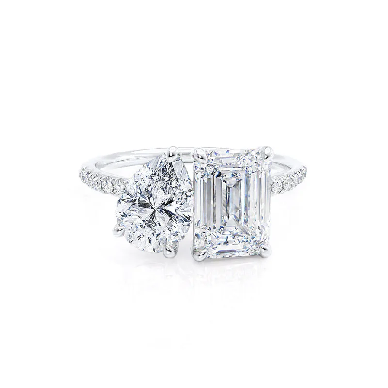 high-end engagement rings for women-CELESTE - Toi et Moi Moissanite Emerald & Pear Diamond Band Ring 950 Platinum