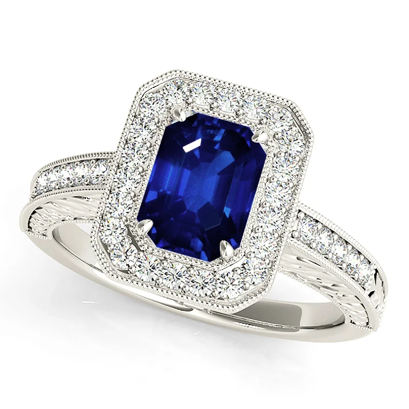 geometric rings for women-1.15 ct. Genuine Blue Emerald Cut Sapphire Ring with Milgrain Halo Style