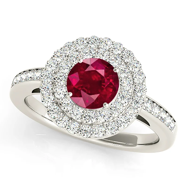 contemporary engagement rings for women-1.35 ct. Genuine Ruby Ring With Double Row Halo And Delicate Diamond Band