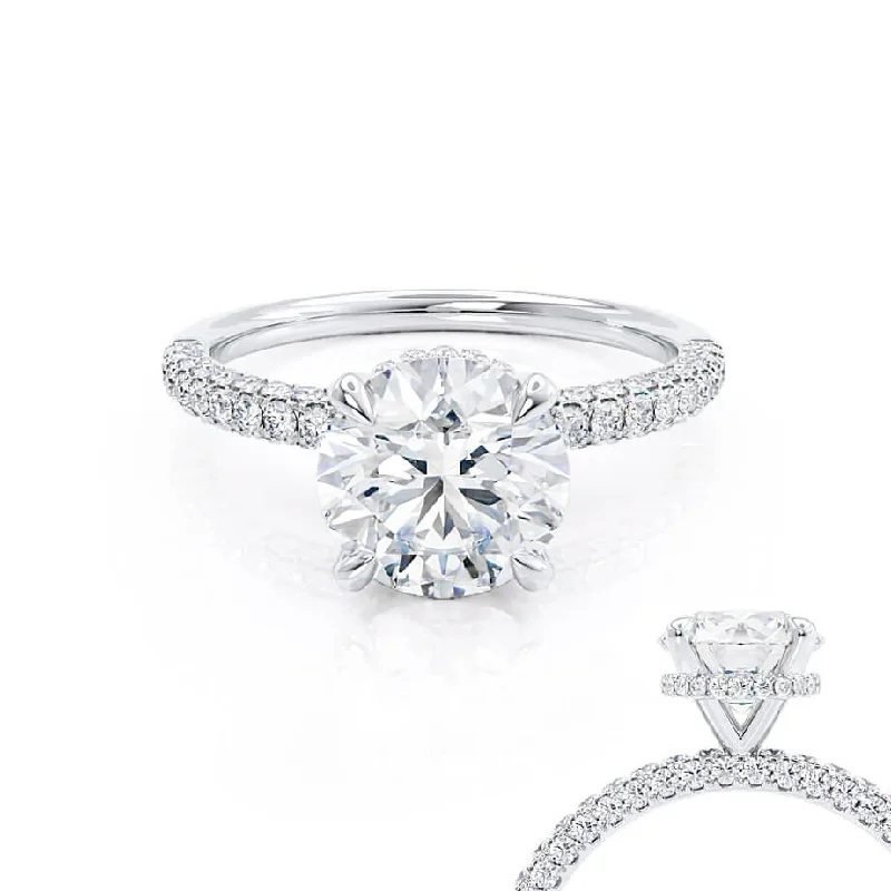 custom engagement rings for women-COCO - Round Lab Diamond Platinum Petite Hidden Halo Triple Pavé Shoulder Set Ring