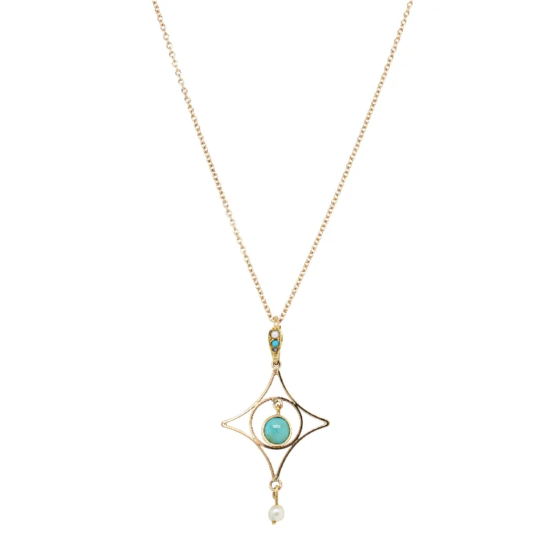 layered necklaces for women-Vintage 15ct Yellow Gold Turquoise & Pearl Pendant