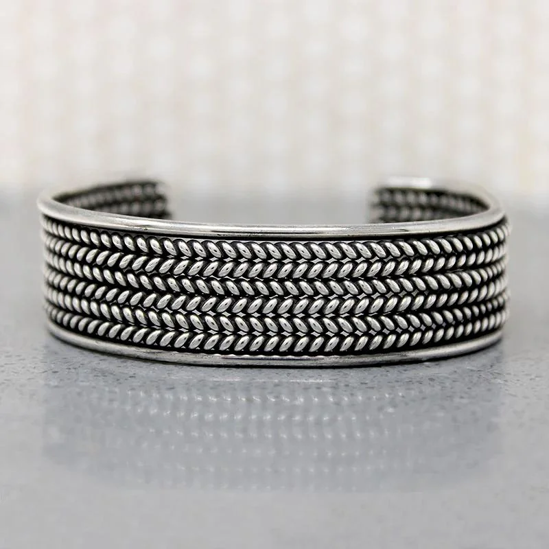 antique bangles for women-Herringbone Plait Silver Wire Cuff Bracelet