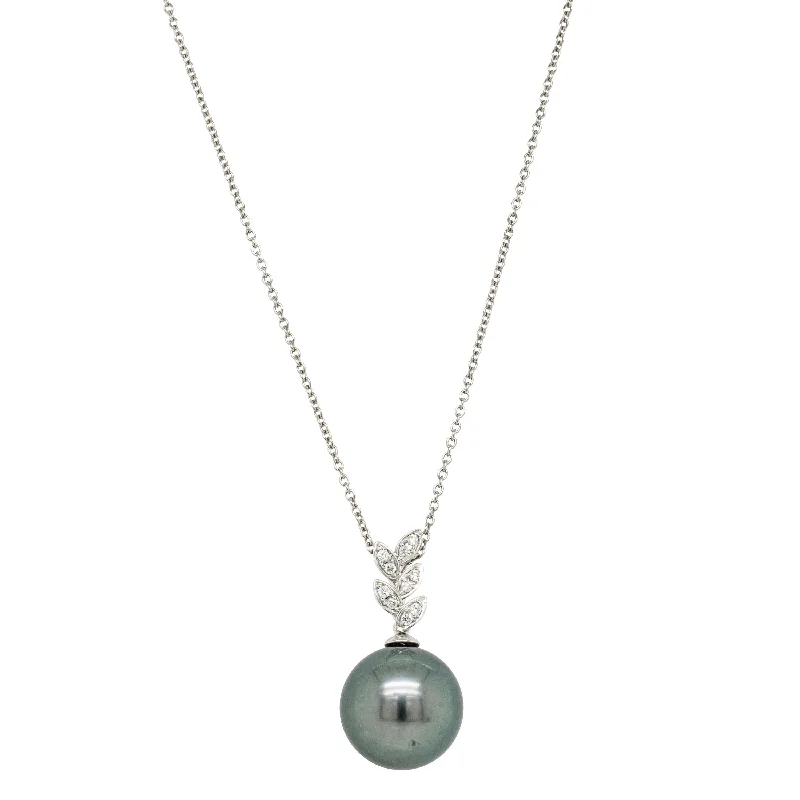 birthstone necklaces for women-18ct White Gold 13.6mm Black Pearl & Diamond Pendant