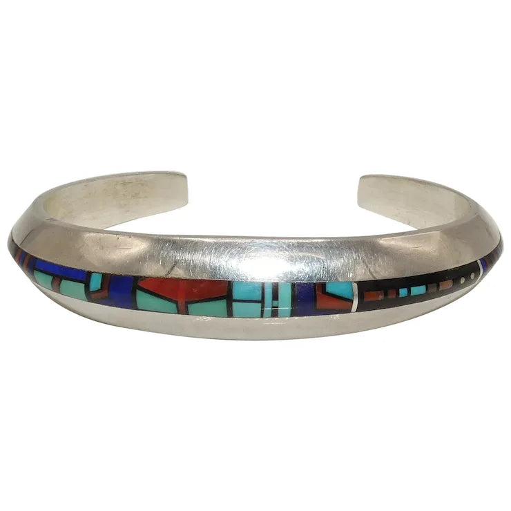 gemstone bangles for women-Jim Harrison Sterling Silver Inlay Cuff Bracelet