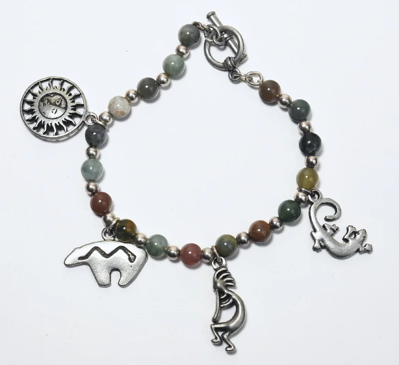 gemstone studded bangles for women-Moss Agate, Jade, Jaspers and More Beaded Bracelet with Southwestern Design Charms