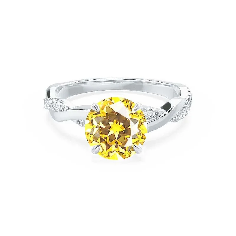 romantic engagement rings for women-EDEN - Ready to Ship 2.23ct Chatham® Round Yellow Sapphire & Diamond 18k White Gold Vine Ring