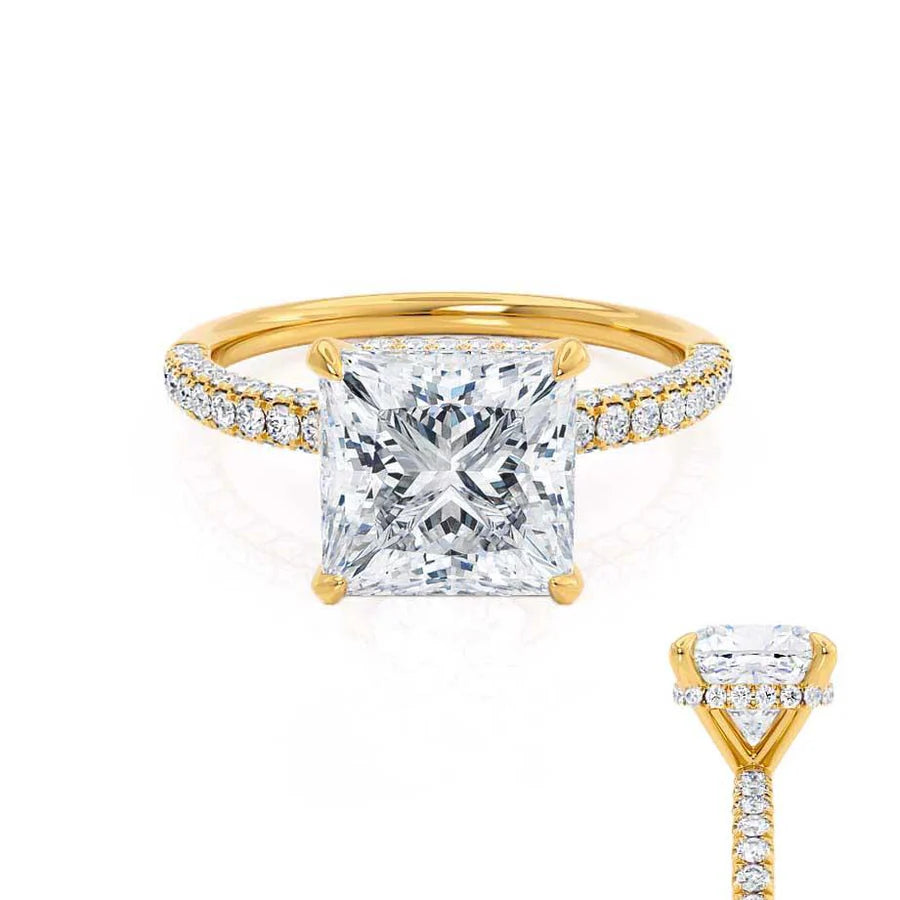 luxury engagement rings for women-COCO - Princess Lab Diamond 18k Yellow Gold Hidden Halo Triple Pavé Shoulder Set