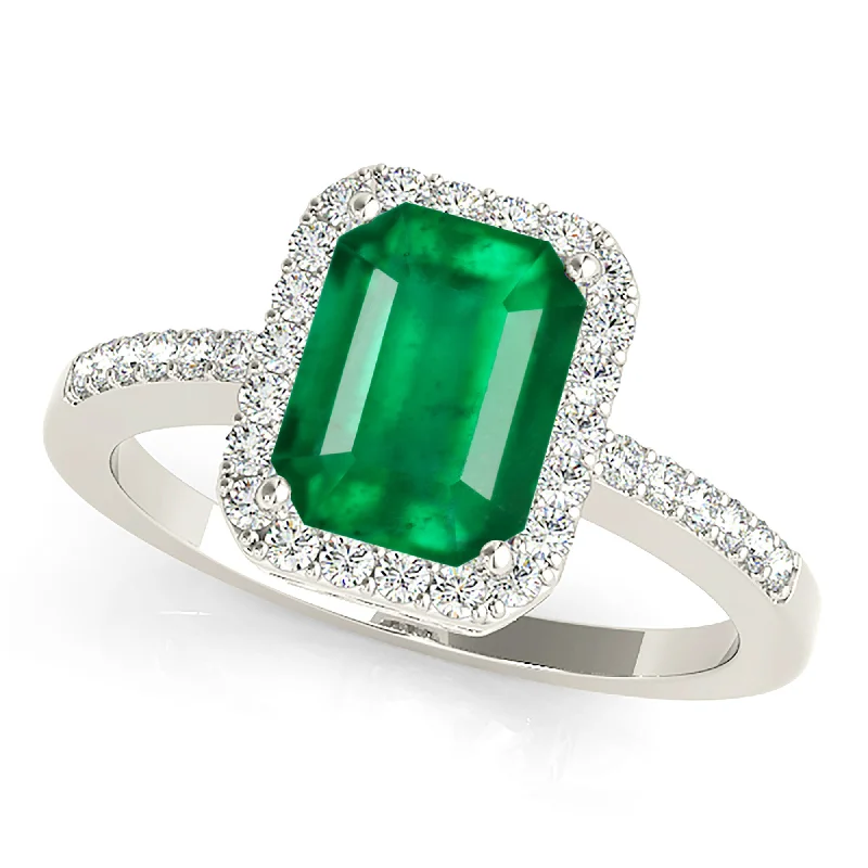 sterling silver engagement rings for women-2.15 ct. Genuine Emerald Ring With Halo and Diamond Thin Band