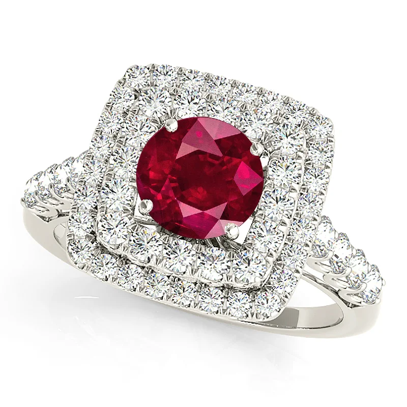 promise rings for women-1.35 ct. Genuine Ruby Ring With Double Row Cushion Halo