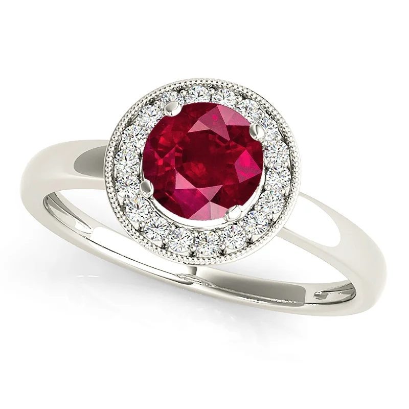 classic gold rings for women-1.35 ct. Genuine Ruby Ring With Milgrain Halo And Solid gold Plain Band