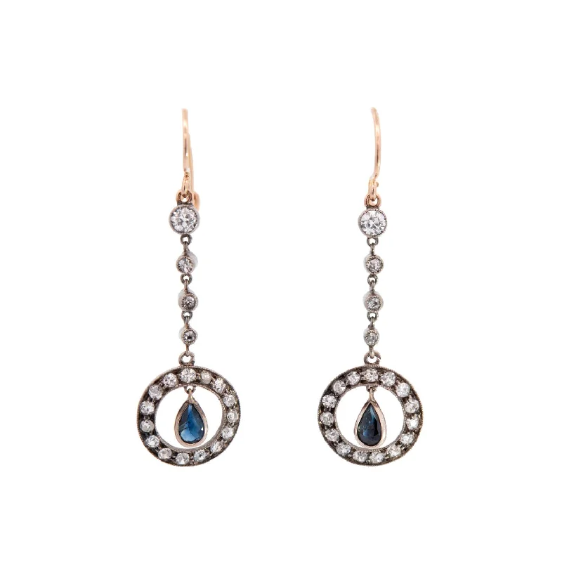 stud earrings with diamonds for women-Victorian 14k/Sterling Sapphire & Diamond Dangle Earrings