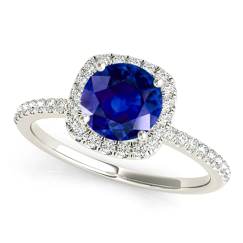 wedding bands for women-1.35 ct. Genuine Blue Round Sapphire Ring Cushion with Halo Style