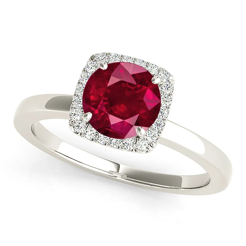 classic rings for women-1.80 ct. Genuine Ruby Ring With Cushion Halo And Solid Gold Solitaire Band