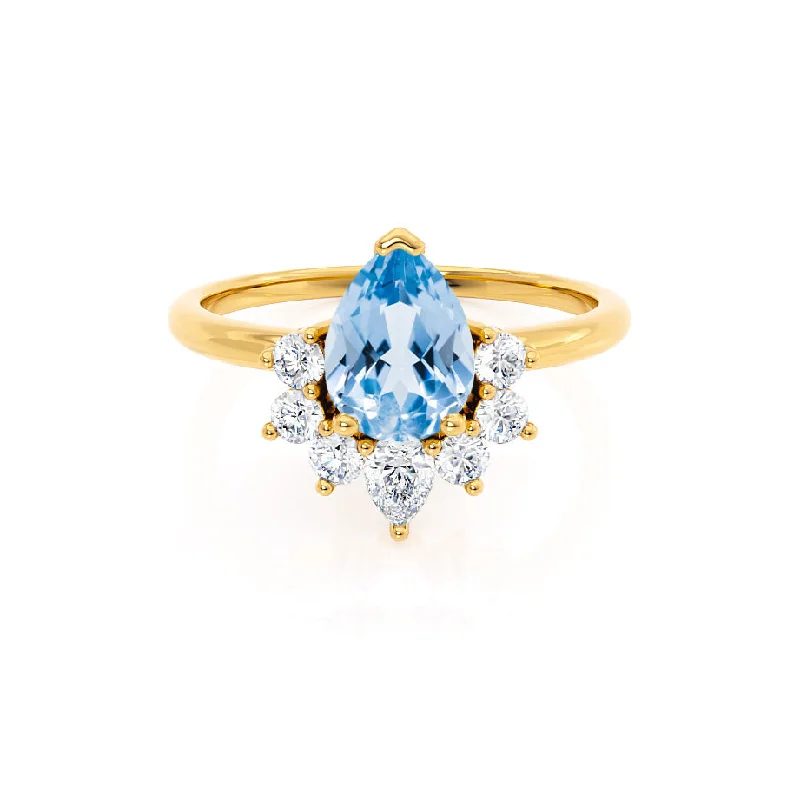 vintage engagement rings for women-BALLET - Chatham® Pear Aqua Spinel & Diamond Half Halo Tiara Ring 18k Yellow Gold