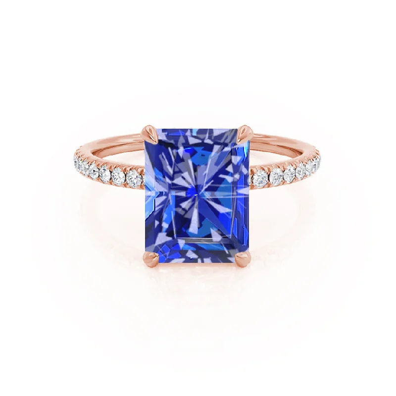 wedding engagement rings for women-LIVELY - Chatham® Radiant Blue Sapphire & Diamond 18k Rose Gold Petite Hidden Halo Pavé Shoulder Set Ring