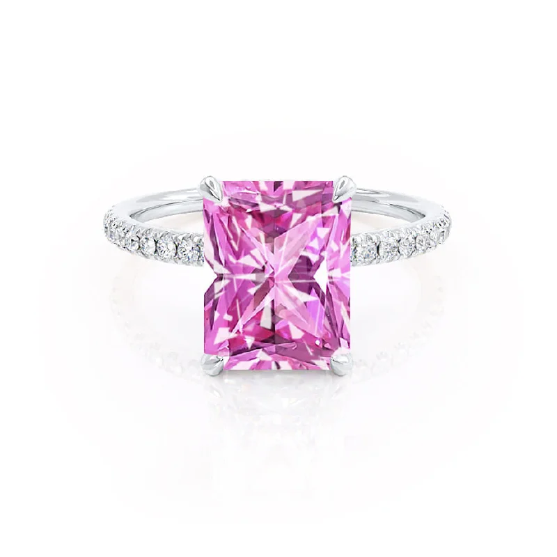 custom gemstone engagement rings for women-LIVELY - Chatham® Radiant Pink Sapphire & Diamond Platinum Petite Hidden Halo Pavé Shoulder Set Ring