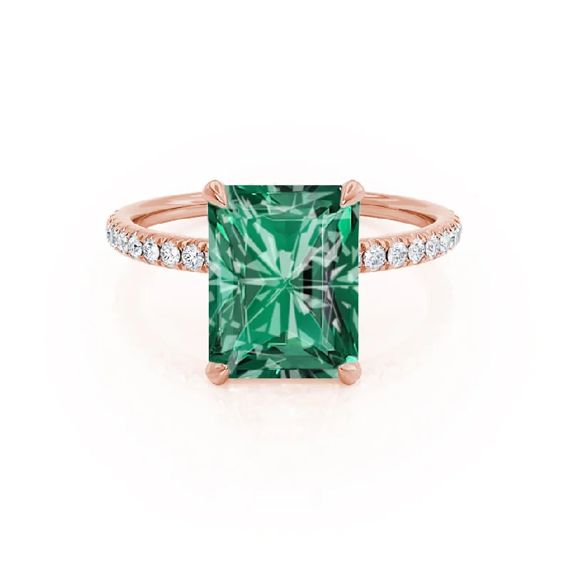 engagement rings for brides-to-be-LIVELY - Chatham® Radiant Emerald & Diamond 18k Rose Gold Petite Hidden Halo Pavé Shoulder Set Ring