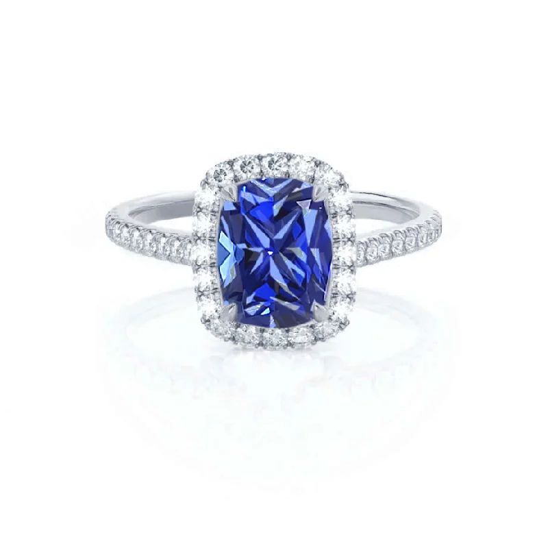 art deco engagement rings for women-DARLEY - Ready to Ship 3.04ct Chatham® Blue Sapphire Elongated Cushion Micro Pavé 950 Platinum Halo