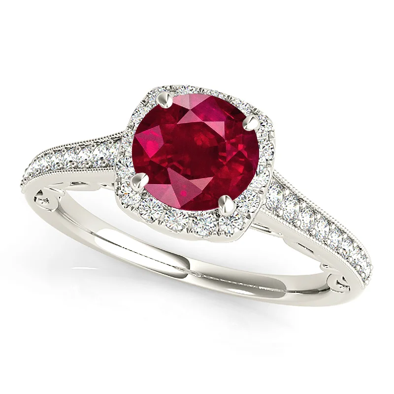 matching wedding rings for women-1.80 ct. Genuine Ruby Ring With Cushion Halo And Milgrain Diamond Band