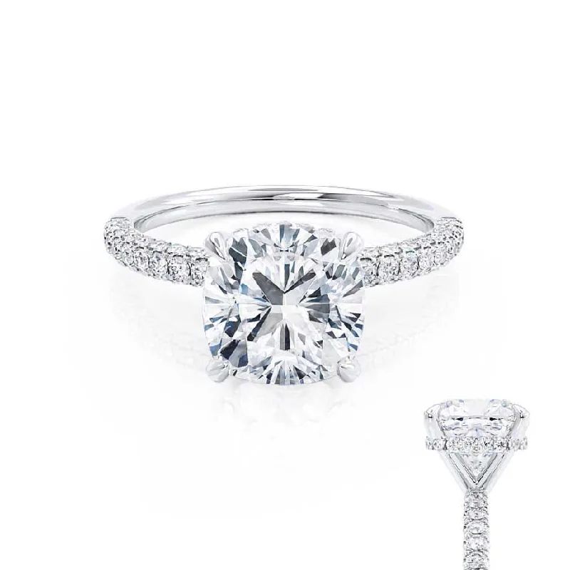 high-quality engagement rings for women-COCO - Cushion Moissanite & Diamond Platinum Hidden Halo Triple Pavé Shoulder Set