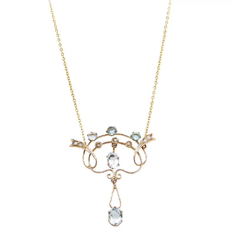 custom pendant necklaces for women-Deja Vu 9ct Yellow Gold Blue Glass & Seed Pearl Pendant