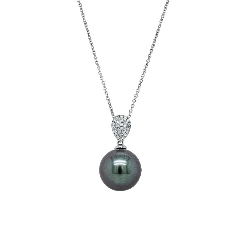 large statement necklaces for women-18ct White Gold 13.6mm Tahitian Pearl & Diamond Aegean Pendant