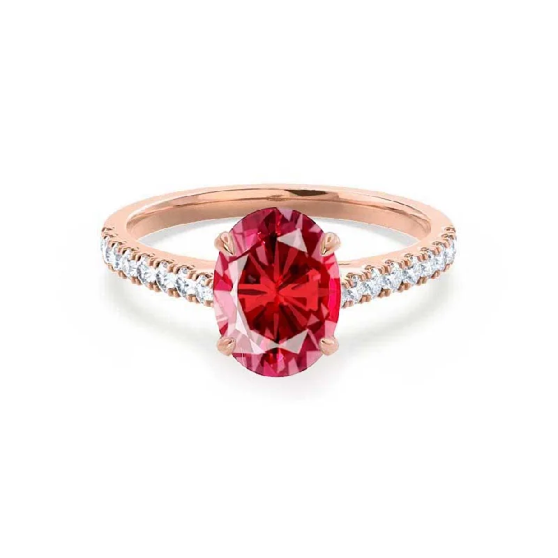 beautiful engagement rings for women-VIOLA - Chatham® Ruby Oval & Diamond 18k Rose Gold Shoulder Set Ring