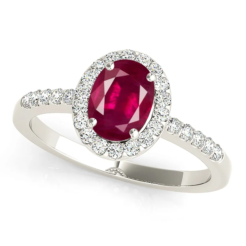 stackable rings for women-1.55 ct. Genuine Oval Ruby Ring With Halo And Delicate Diamond band