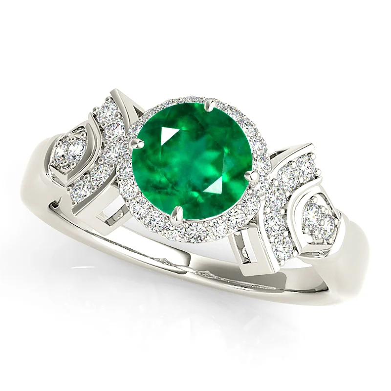 bridal rings for women-1.70 ct. Genuine Emerald Ring With Halo and Fancy Design Diamond Band