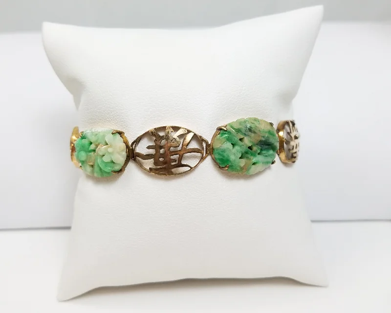 luxury bracelets for women-Stunning Vintage 7" 14k Yellow Gold Natural Carved Pierced Jade Bracelet