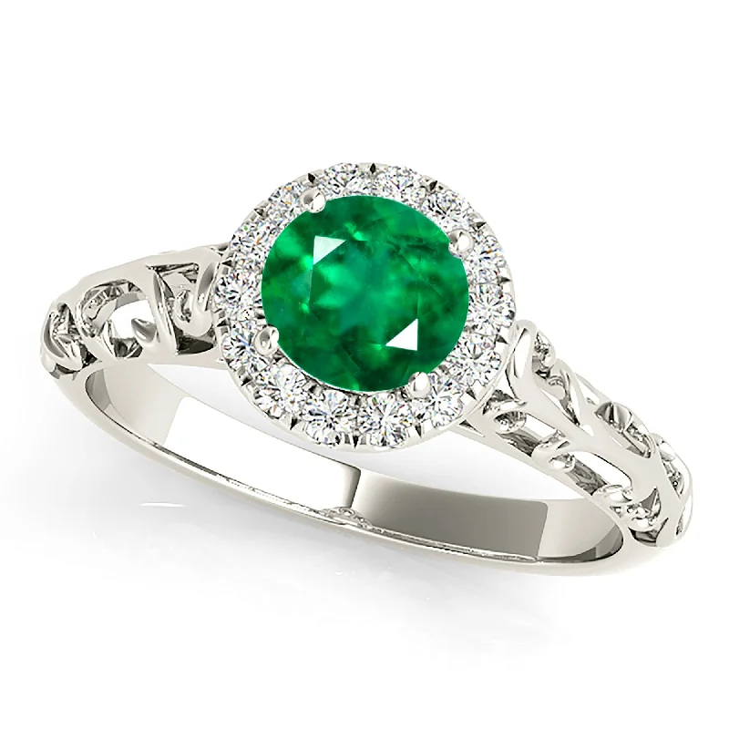 fashionable rings for women-1.00 ct. Genuine Emerald Ring With Halo And Hand Carved Solid Gold Floral Band