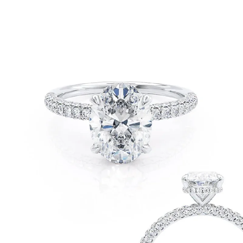 affordable luxury engagement rings for women-COCO - Oval Lab Diamond Platinum Petite Hidden Halo Triple Pavé Shoulder Set