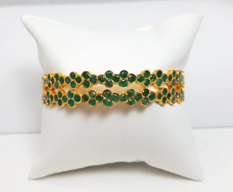 statement bangles for women-Two Matching Elite 22k Yellow Gold Natural Emerald Solid Bangle Bracelets