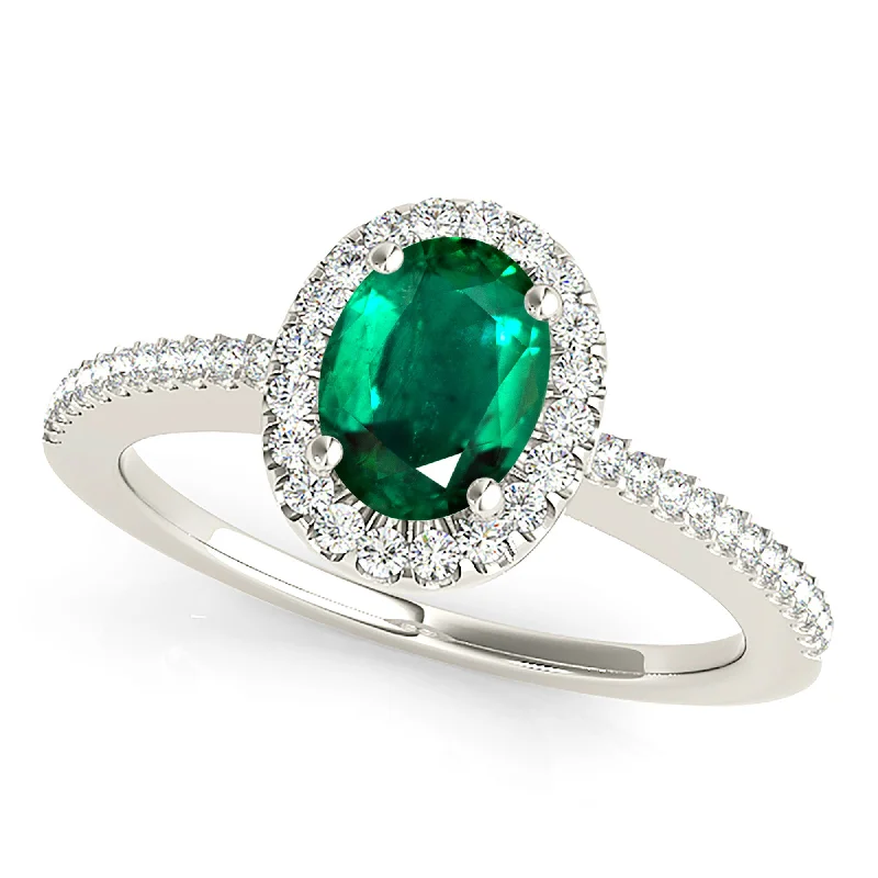 dainty rings for women-1.00 ct. Genuine Oval Emerald Ring With Halo and Diamond Thin Shank