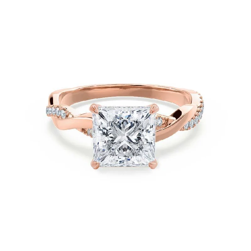 silver engagement rings for women-EDEN - Princess Moissanite & Diamond 18k Rose Gold Vine Solitaire