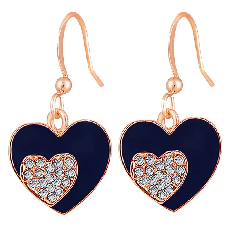 diamond dangle earrings for women-Mahi Rose Gold Plated Navy Blue Meenakari Work and Crystals Dual Heart Earrings for Women (ER1109845ZNBlu)