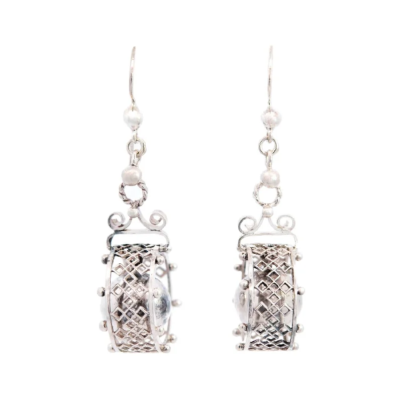 vintage-inspired earrings for women-Victorian Sterling Silver Geometric Hoop and Ball Dangle Earrings