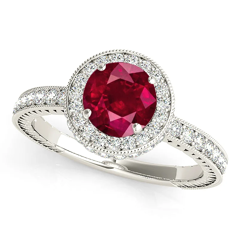 rose gold rings for women-1.35 ct. Genuine Ruby Ring With Double Edge Halo And Filigree Diamond Band