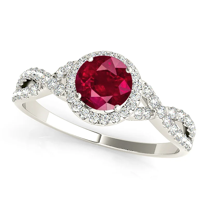 wedding ring sets for women-1.35 ct. Genuine Ruby Ring With Halo And Twist Diamond band