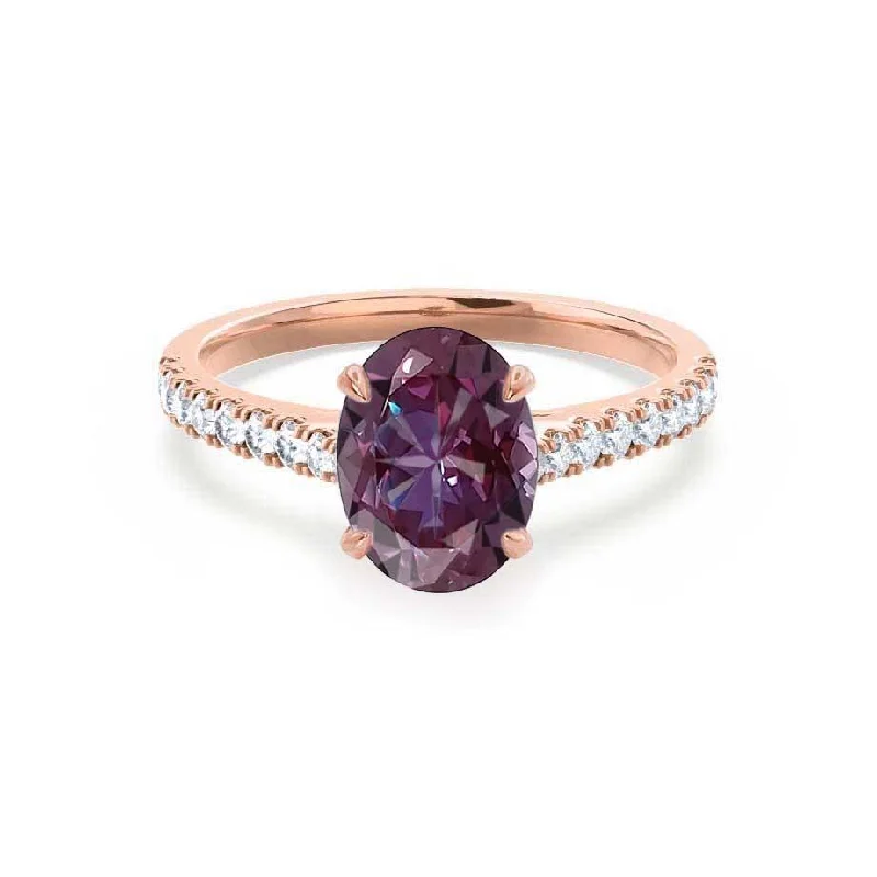 modern vintage engagement rings for women-VIOLA - Chatham® Alexandrite Oval & Diamond 18k Rose Gold Shoulder Set Ring