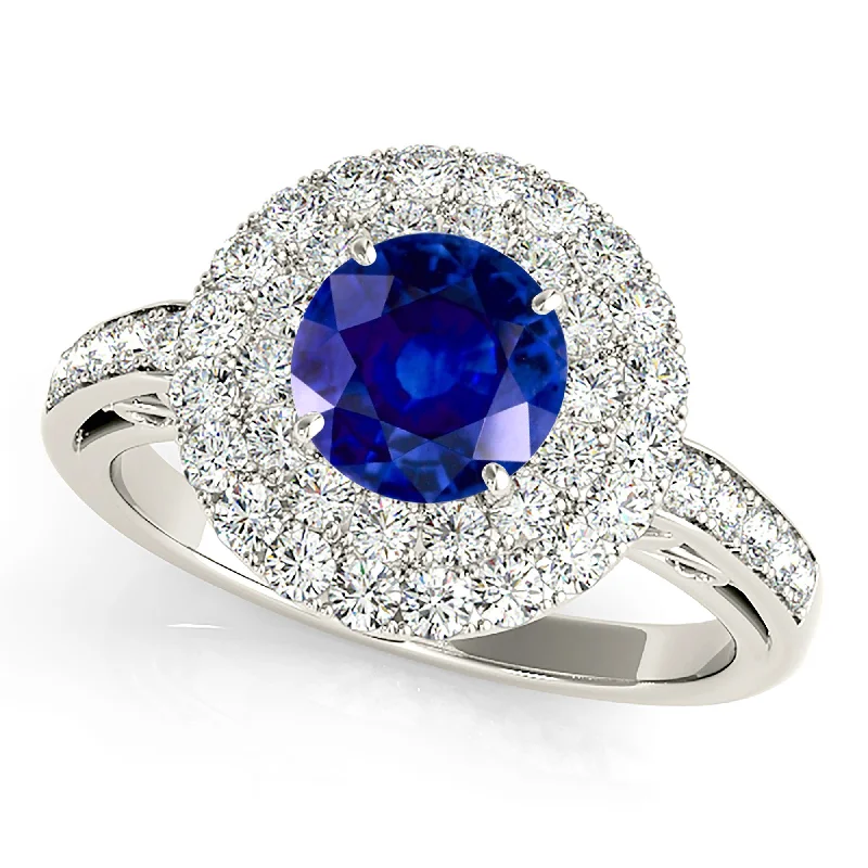 engagement rings for women-1.35 ct. Genuine Blue Sapphire 3D Pave Set Halo Ring