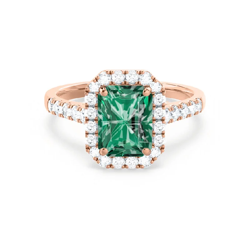 yellow gold engagement rings for women-ESME - Chatham® Radiant Lab-Grown Emerald & Diamond 18k Rose Gold Halo