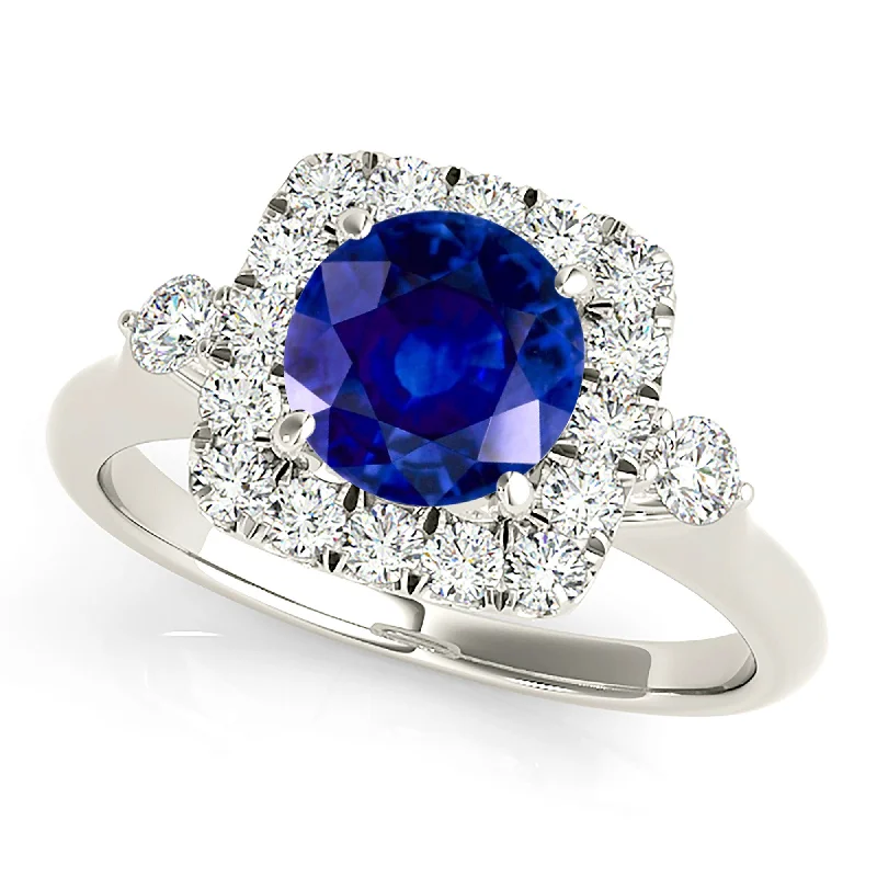 classic rings for women-2.40 ct. Genuine Blue Round Sapphire Ring Cushion Halo Style