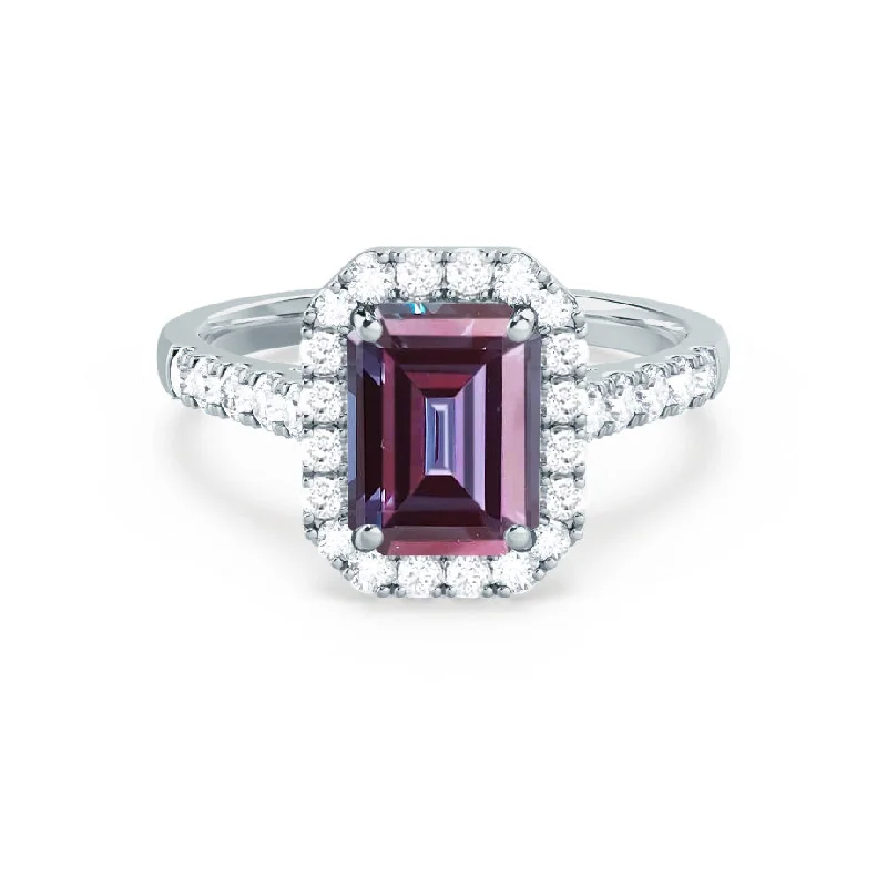 art deco engagement rings for women-ESME - Chatham® Emerald Lab-Grown Alexandrite & Diamond 18k White Gold Halo