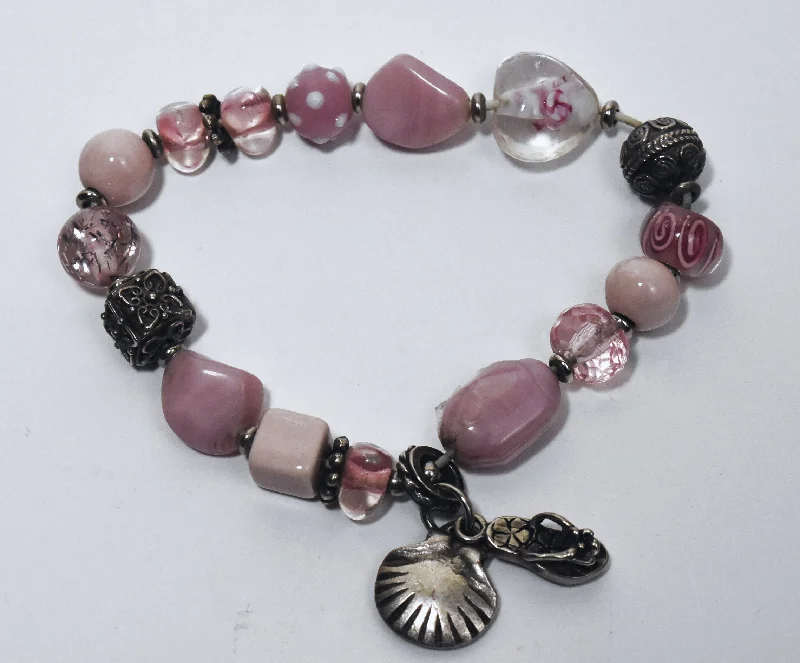 chunky bangles for women-Pink Glass Beaded Bracelet with Charms