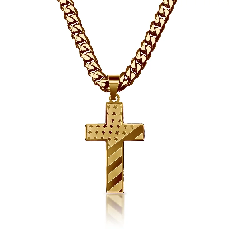 diamond-studded necklaces for women-Pro USA Flag Cross Pendant With 6mm Cuban Link Chain Necklace - 14K Gold Plated Stainless Steel