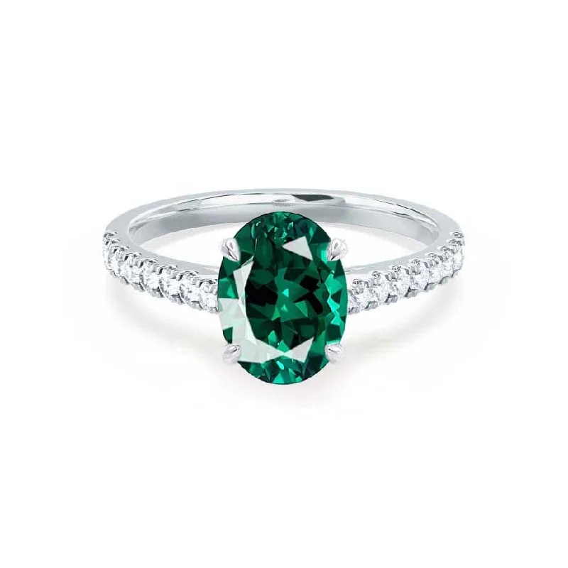 customized diamond engagement rings for women-VIOLA - Chatham® Emerald Oval & Diamond 950 Platinum Shoulder Set Ring