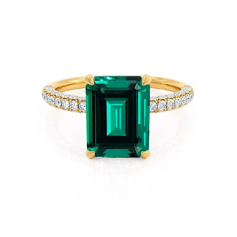 affordable sapphire engagement rings for women-COCO - Ready to Ship 2.32ct Chatham® Emerald & Diamond 18k Yellow Gold Petite Hidden Halo Triple Pavé Ring